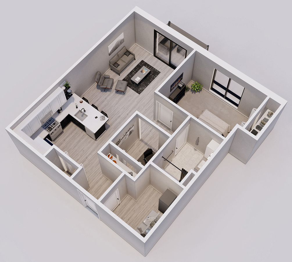 Floor plan for 1 bed, 1 bath, 832 sqft
